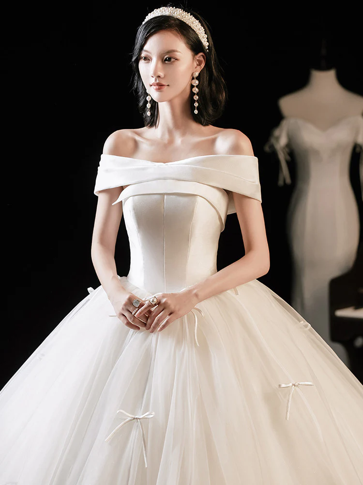 Ivory Off Shoulder Tulle Long Wedding Dress Ivory Bridal Gown - Deanwangkt