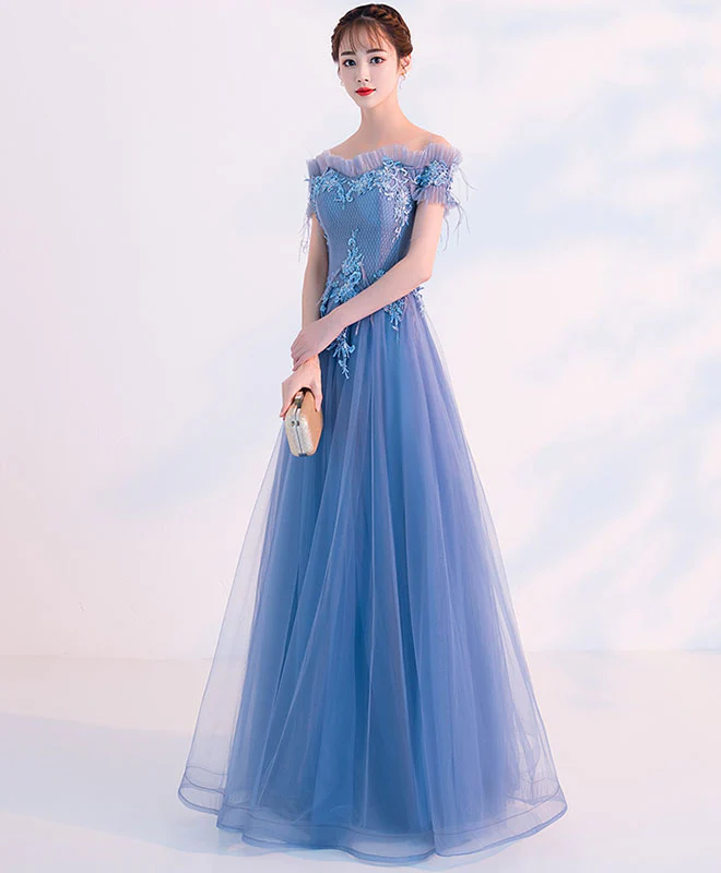 Blue Tulle Lace Long Prom Dress, Blue Tulle Formal Dress - Deanwangkt
