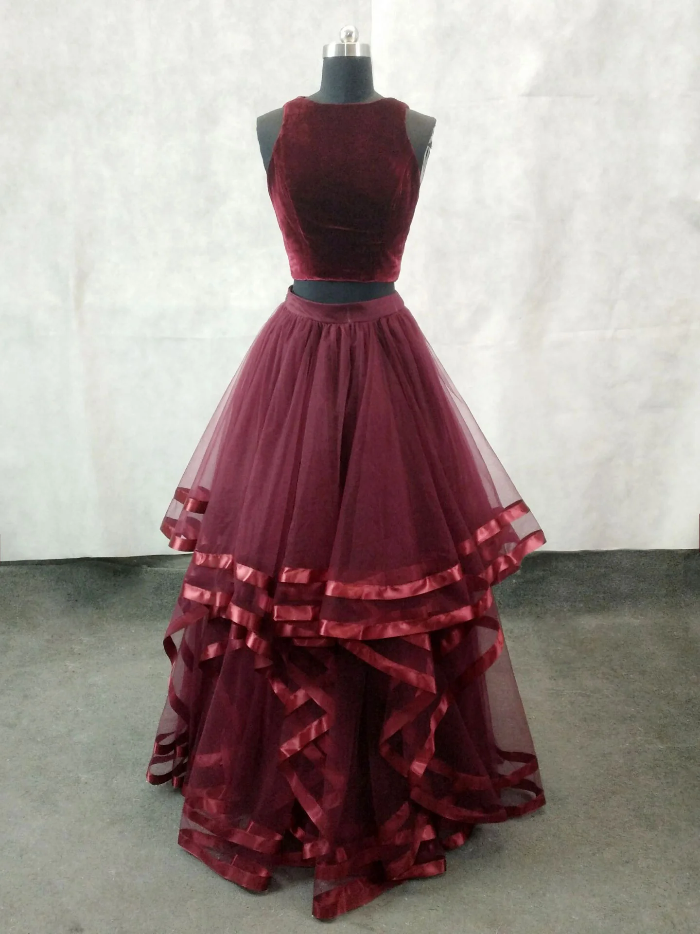 Simple Burgundy Two Pieces Tulle Long Prom Dress, Burgundy Evening Dress - Deanwangkt