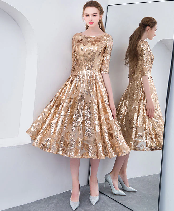 Gold Round Neck Sequin Short Prom Dress, Gold Homecoming Dress - Deanwangkt