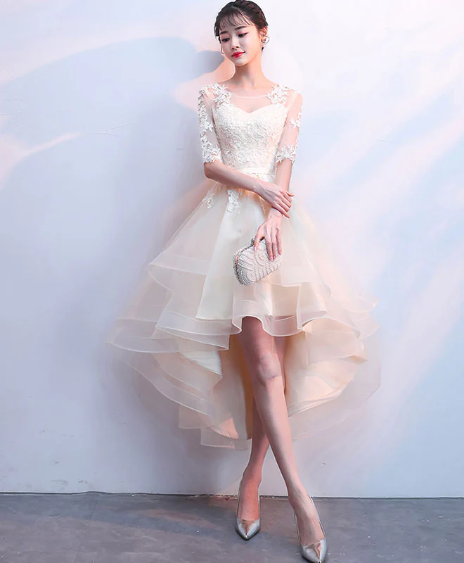 Champagne Tulle Lace Prom Dress, Champagne Homecoming Dress - Deanwangkt