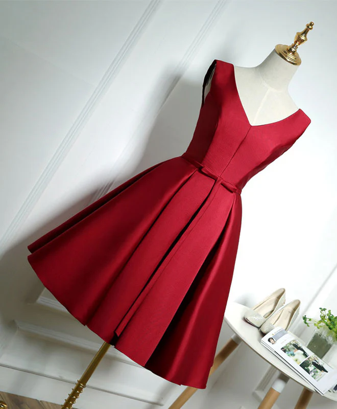 Simple Burgundy Satin V Neck Short Prom Dress, Evening Dress - Deanwangkt