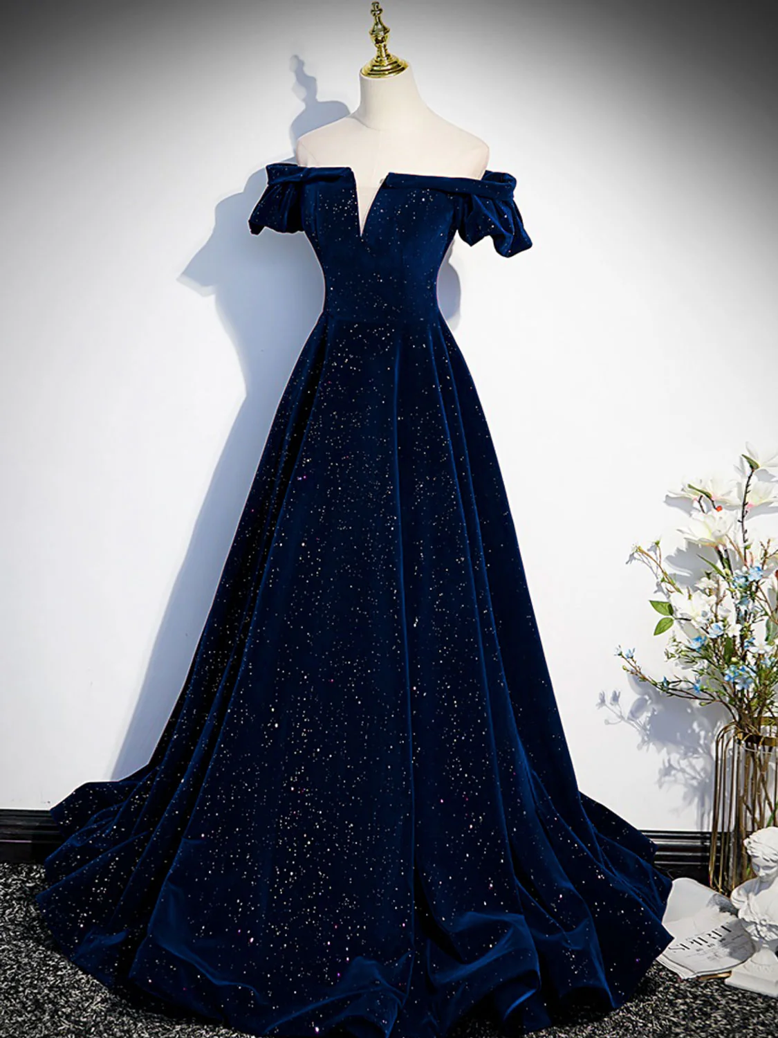 A-Line Off Shoulder Velvet Dark Blue Long Prom Dress, Dark Blue Long Formal Dress - Deanwangkt