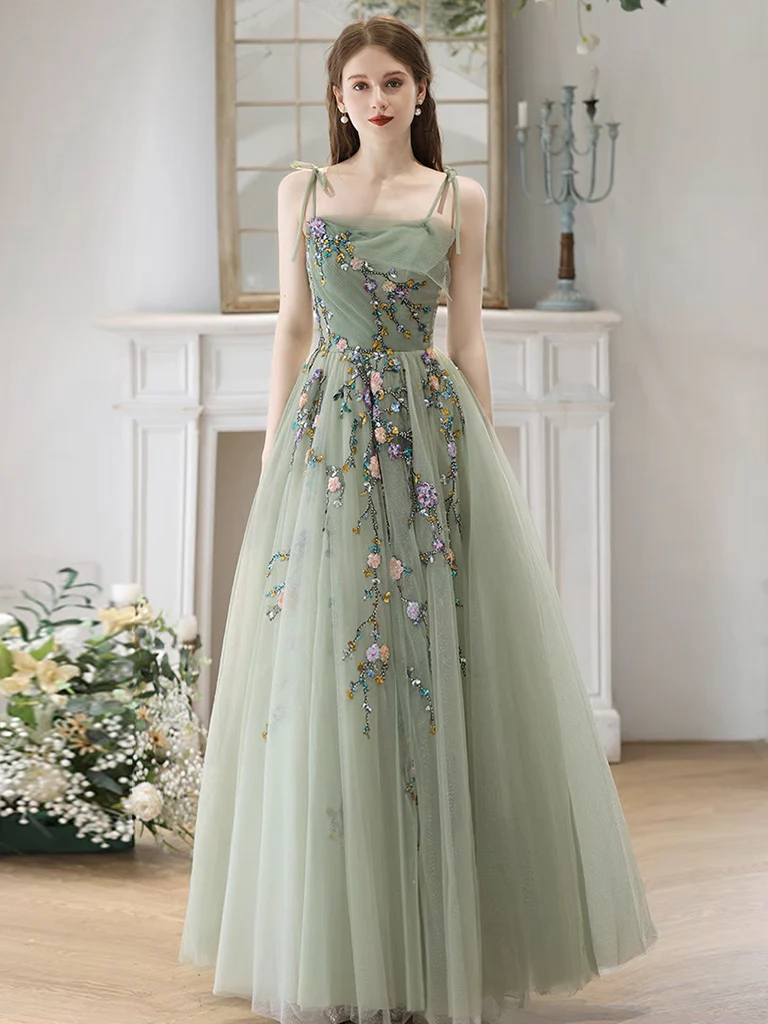 A-Line Tulle Sequin Lace Green Long Prom Dress, Green Long Formal Dress - Deanwangkt