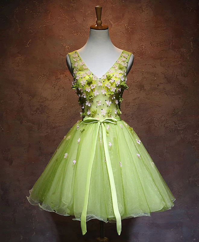 Green V Neck Tulle Short Prom Dress, Green Homecoming Dress - Deanwangkt
