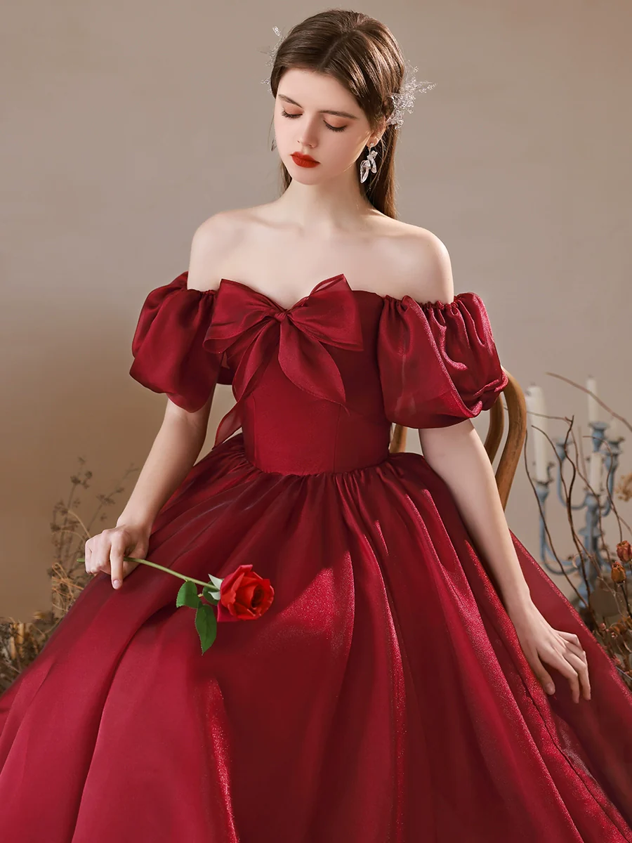 A-Line Burgundy Tulle Long Prom Dress, Burgundy Formal Dress - Deanwangkt