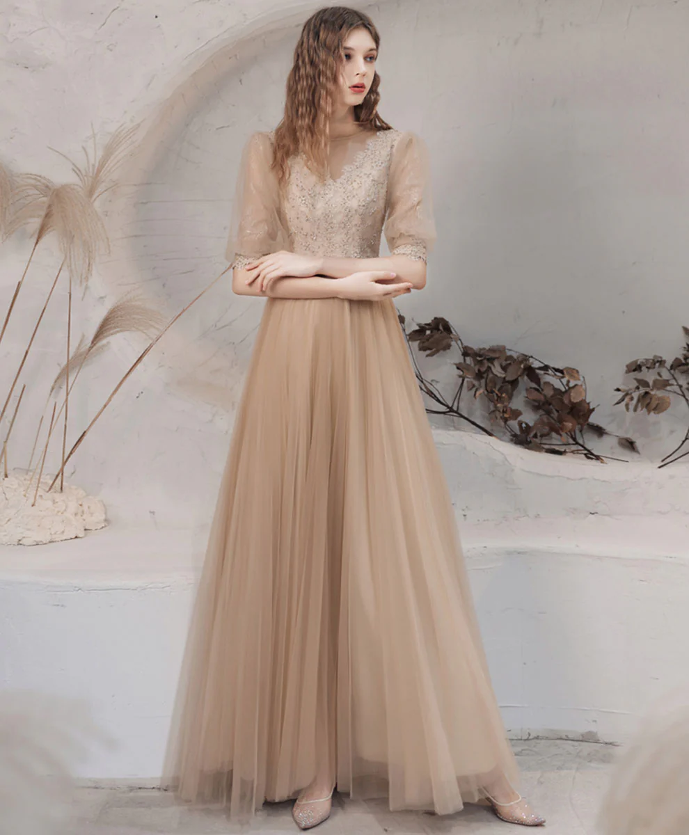 Champagne High Neck Tulle Lace Long Prom Dress, Champagne Graduation Dress - Deanwangkt