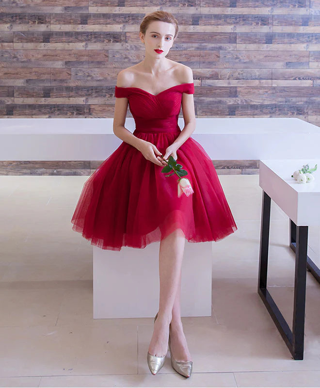 Simple Burgundy Tulle Short Prom Dress, Burgundy Homecoming Dress - Deanwangkt
