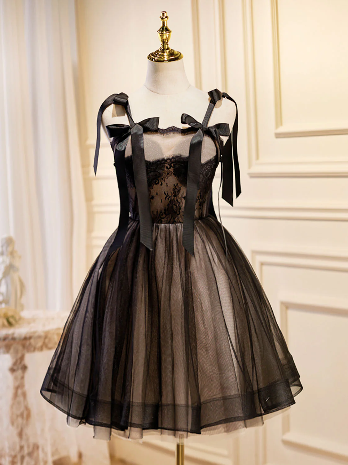 Black A-Line Tulle Lace Short Prom Dress, Black Lace Homecoming Dresses - Deanwangkt