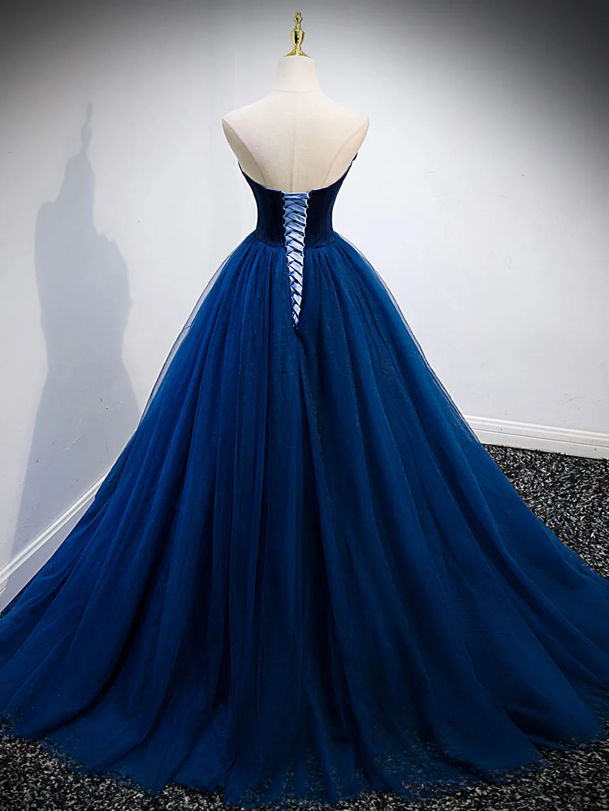Simple A Line Blue Tulle Long Prom Dress, Blue Tulle Formal Dress - Deanwangkt
