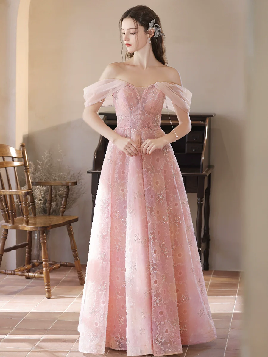 A-Line Off Shoulder Tulle Lace Pink Long Prom Dress, Pink Lace Evening Dress - Deanwangkt