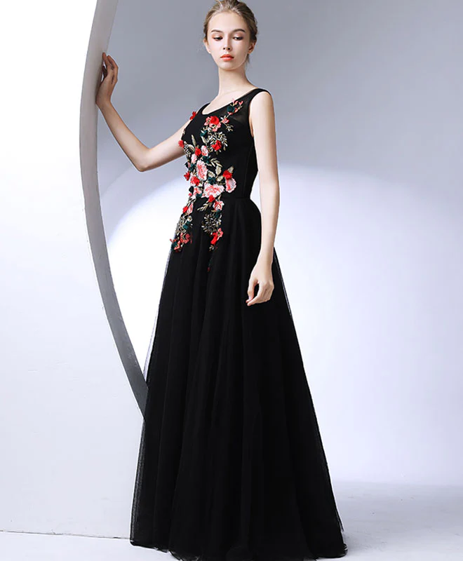 Black Round Neck Long Prom Dress, Black Evening Dress - Deanwangkt