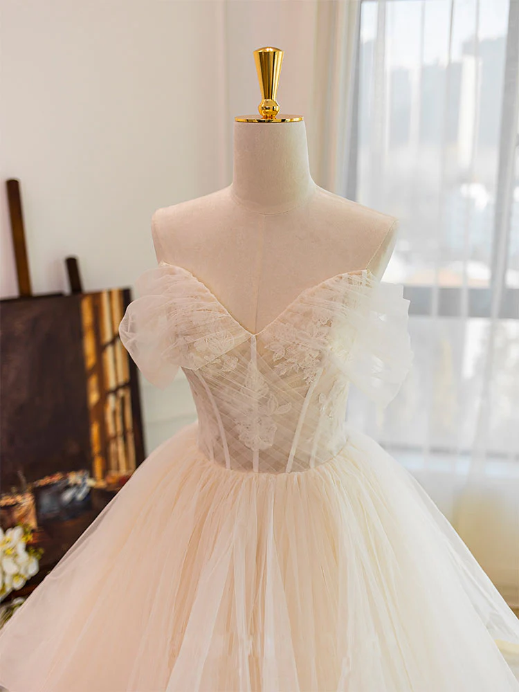 Champagne Tulle Lace Long Wedding Dress, Lace Tulle Wedding Gown - Deanwangkt