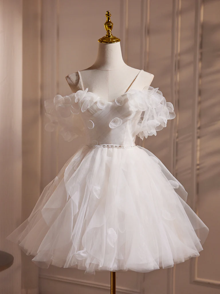 A-Line Off Shoulder Tulle White Short Prom Dress, Cute White Homecoming Dress - Deanwangkt