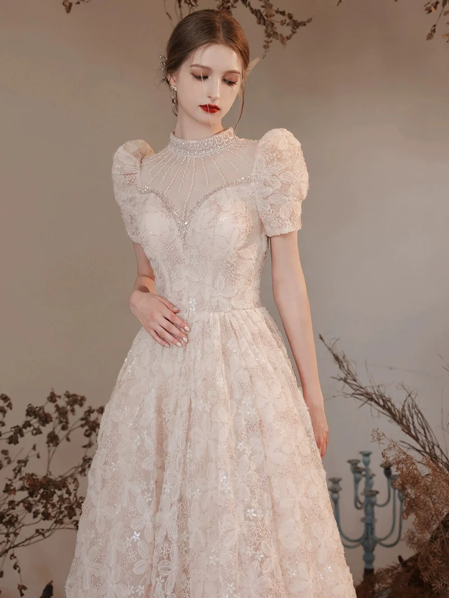 A-Line High Neck Lace Champagne Long Prom Dress with Beads - Deanwangkt