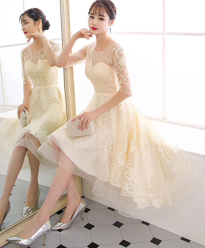 Champagne Tulle Lace Short Prom Dress, Champagne Tulle Homecoming Dress - Deanwangkt