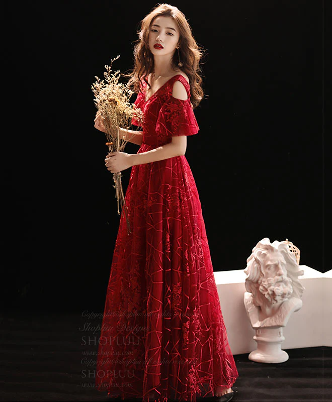 Burgundy V Neck Lace Long Prom Dress, Burgundy Evening Dress - Deanwangkt