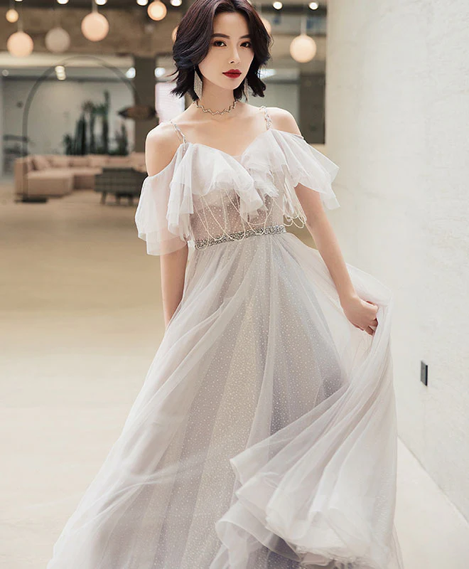 Elegant Off Shoulder Tulle Long Prom Dress, Tulle Evening Dress - Deanwangkt
