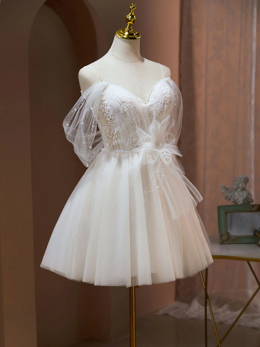 A Line Sweetheart Neck Tulle Lace Beige Short Prom Dress,  Puffy Cute Homecoming Dress - Deanwangkt