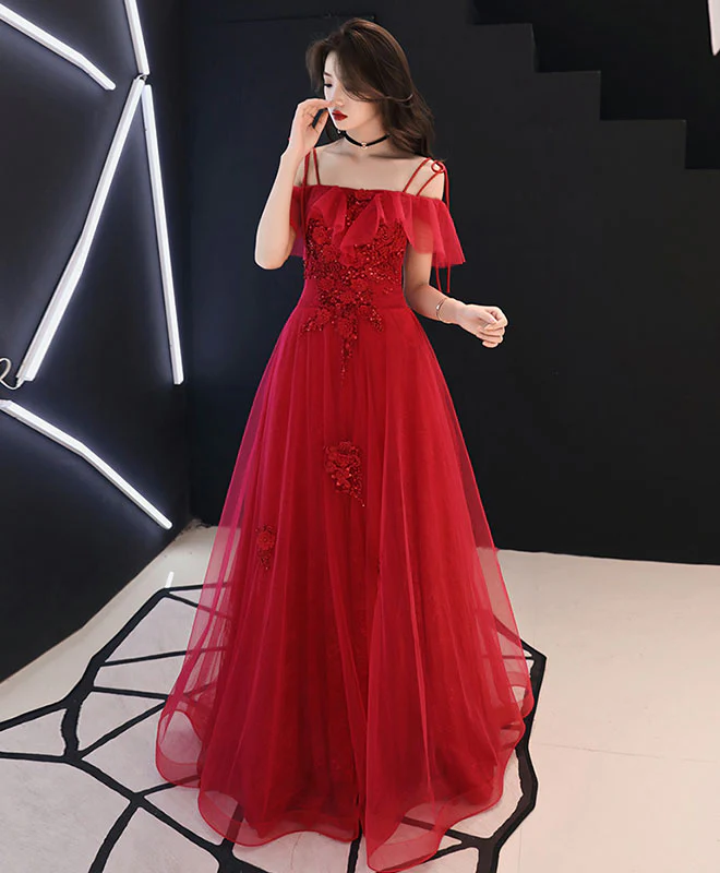 Red Tulle Lace Long Prom Dress Red Lace Formal Party Dress - Deanwangkt
