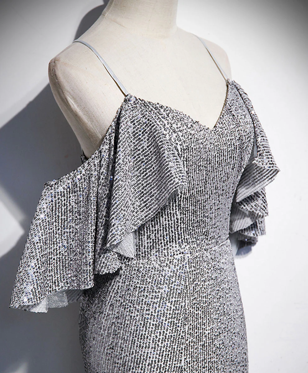 Gray V Neck Sequin Mermaid Long Prom Dress Gray Formal Dress - Deanwangkt