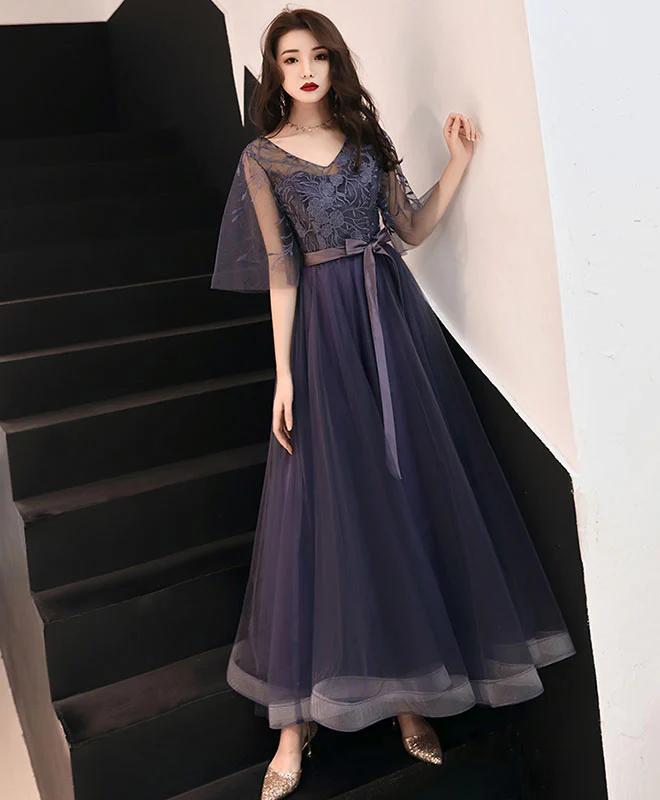 Elegant A-Line Tulle Lace Prom Dress Purple Tulle Formal Dress - Deanwangkt