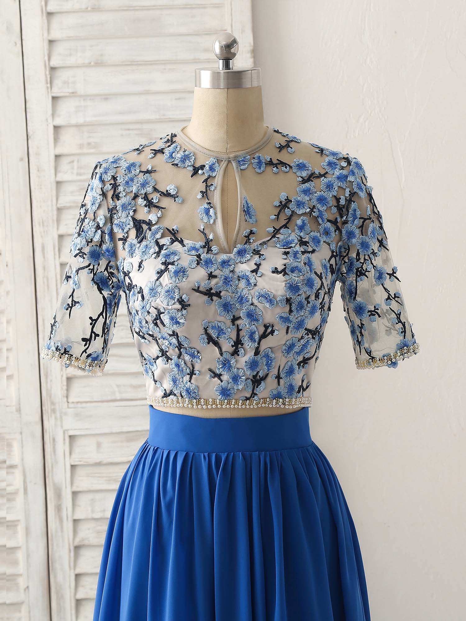 Unique Blue Two Pieces Long Prom Dress Applique Formal Dress - Deanwangkt