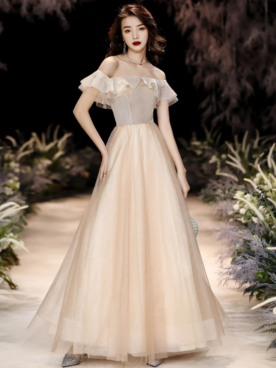 Champagne Tulle Sequin Long Prom Dress, Tulle Formal Dress - Deanwangkt