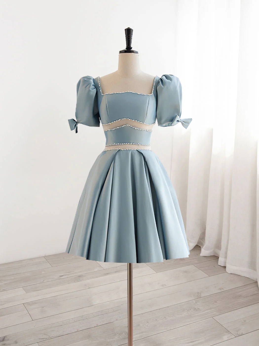 A-Line Square Neckline Blue Short Prom Dress, Cute Blue Homecoming Dress - Deanwangkt