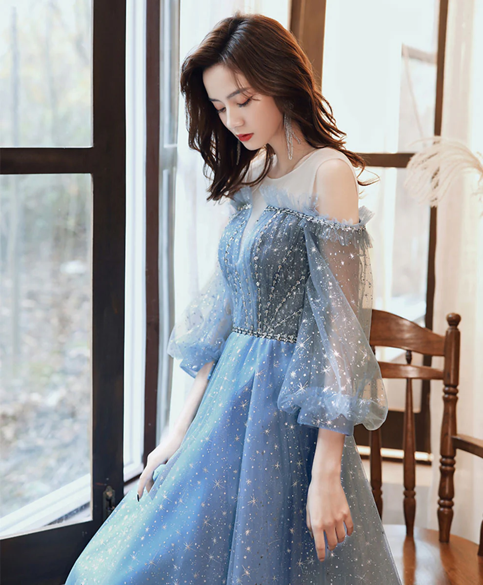 Blue Round Neck Tulle Sequin Long Prom Dress Tulle Evening Dress - Deanwangkt