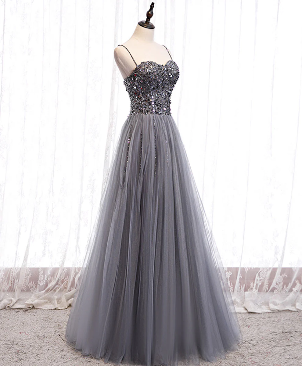 Gray Tulle Sequin Long Prom Dress, Gray Tulle Formal Dress with Beading Sequin - Deanwangkt