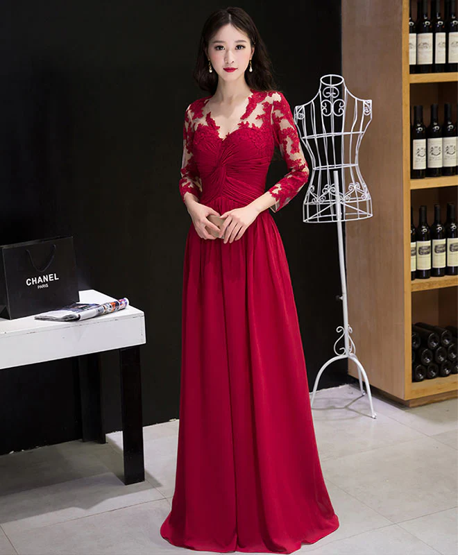Burgundy Chiffon Lace Long Prom Dress, Bridesmaid Dress - Deanwangkt