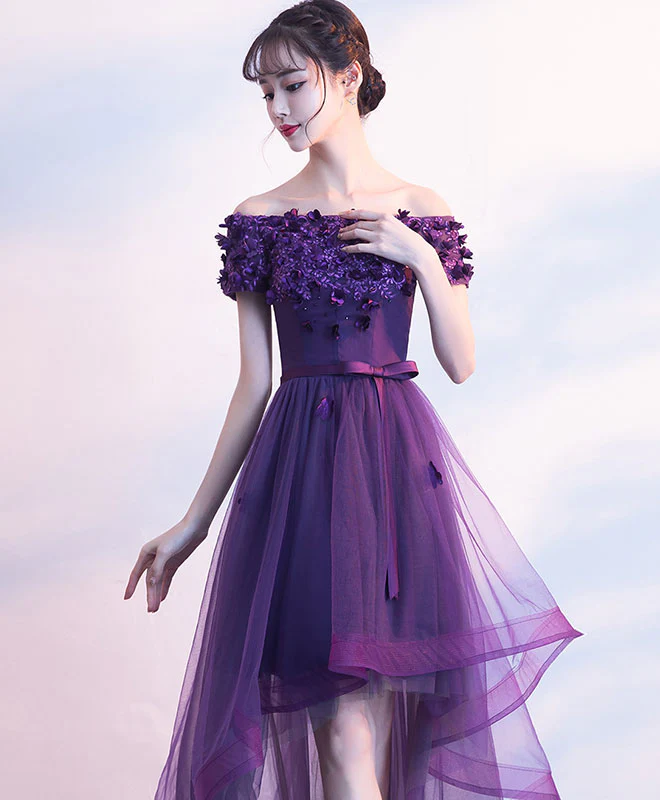 Purpler Tulle Lace Short Prom Dress, Purple Evening Dress - Deanwangkt