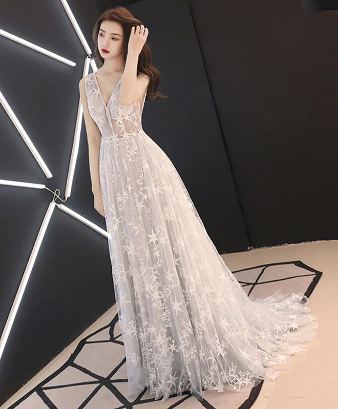 Gray Tulle Lace Long Prom Dress, Gray Lace Evening Dress - Deanwangkt