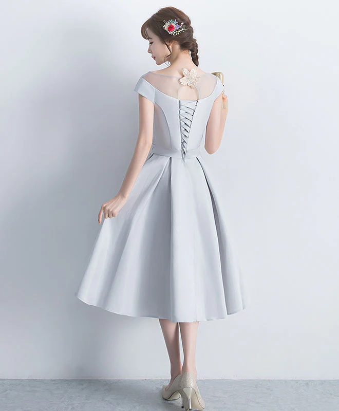 Gray Satin Lace Short Prom Dress, Gray Bridesmaid Dress - Deanwangkt