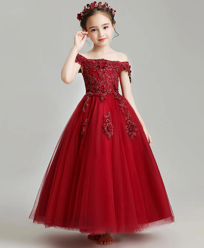 Burgundy Tulle Lace Flower Girl Dress, Burgundy Girl Party Dress - Deanwangkt