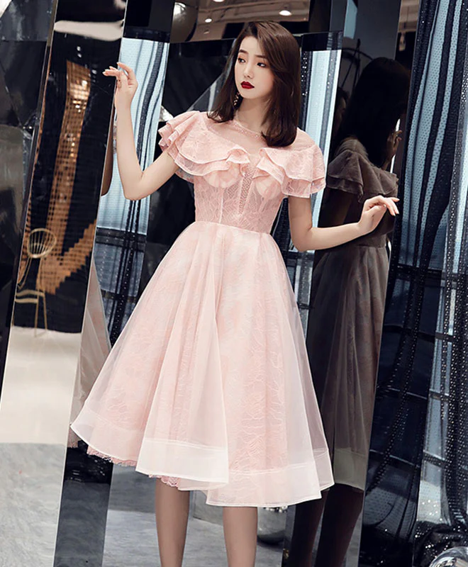 Pink Tulle Lace Short Prom Dress, Pink Homecoming Dress - Deanwangkt