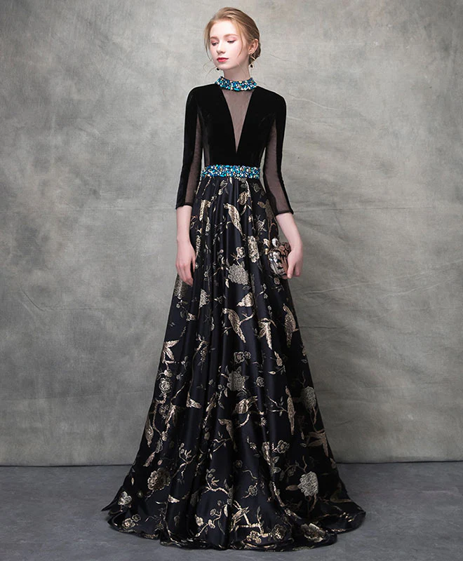 Unique Black Satin Long Prom Dress, Black Evening Dress - Deanwangkt