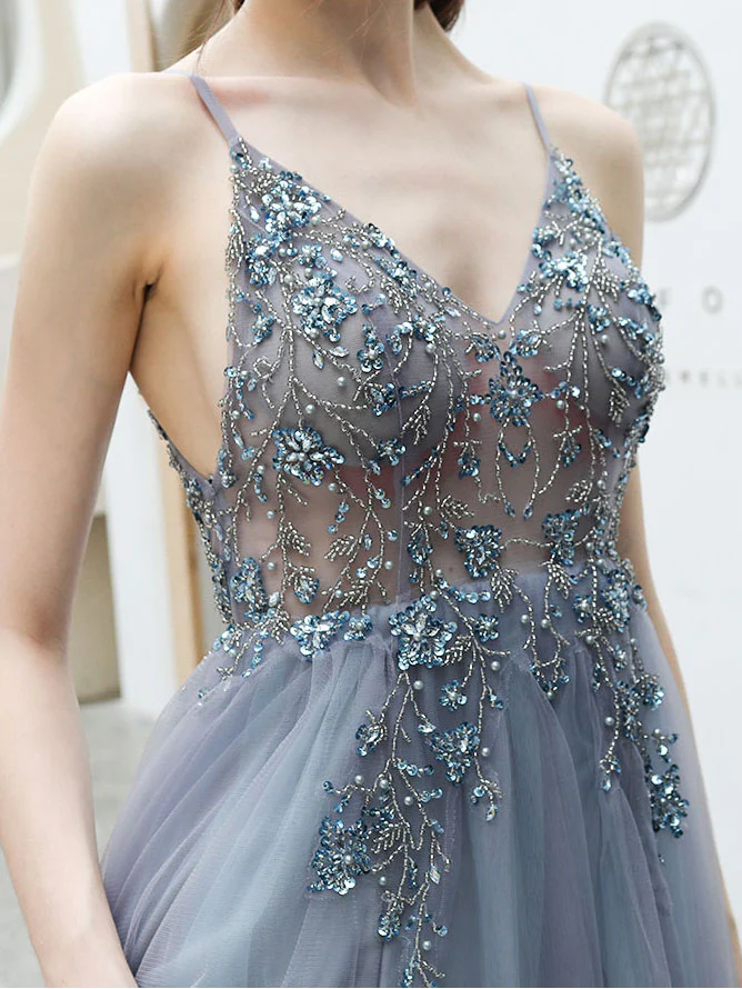 Gray blue v neck tulle beads long prom dress, gray tulle formal dress - Deanwangkt