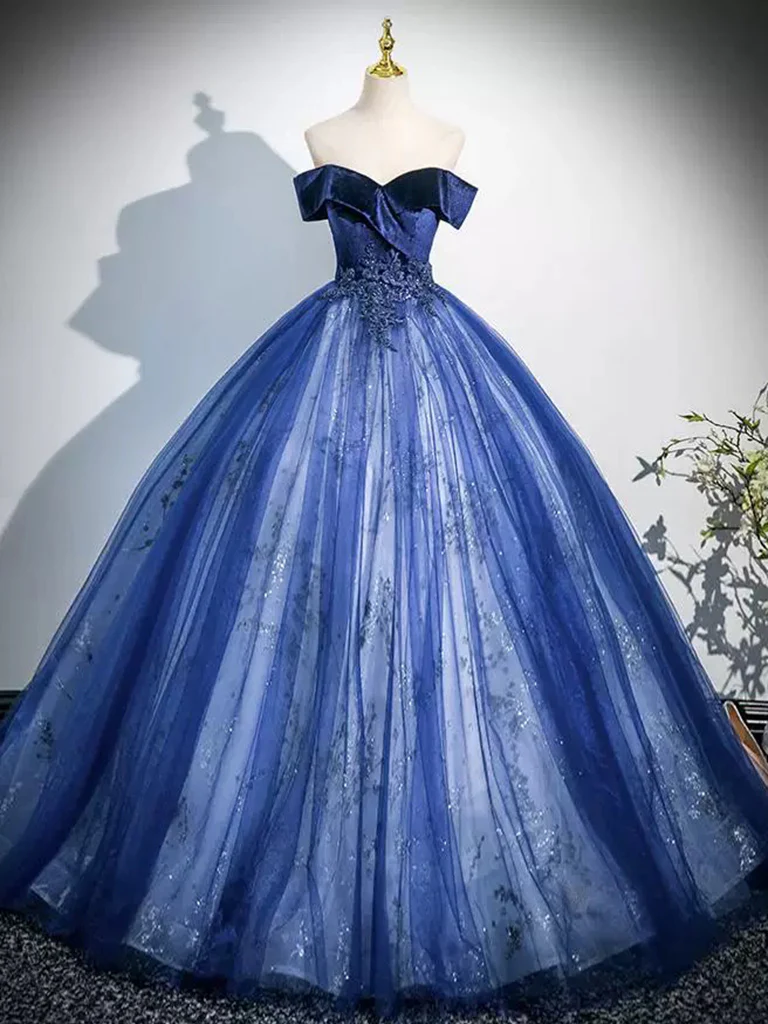 A-Line Off Shoulder Tulle Lace Blue Long Prom Dress, Blue Long Formal Dress - Deanwangkt