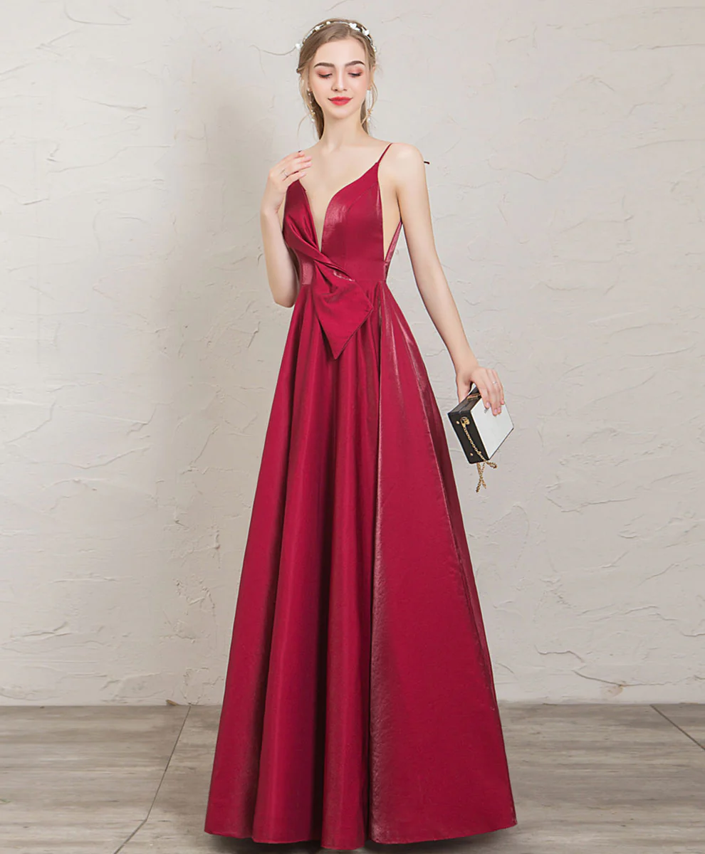 Simple V Neck A Line Satin Long Prom Dress Red Evening Dress - Deanwangkt