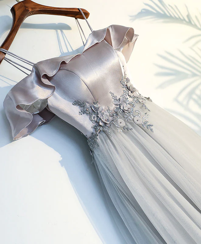 Gray A Line Lace Long Prom Dress, Gray Evening Dress - Deanwangkt