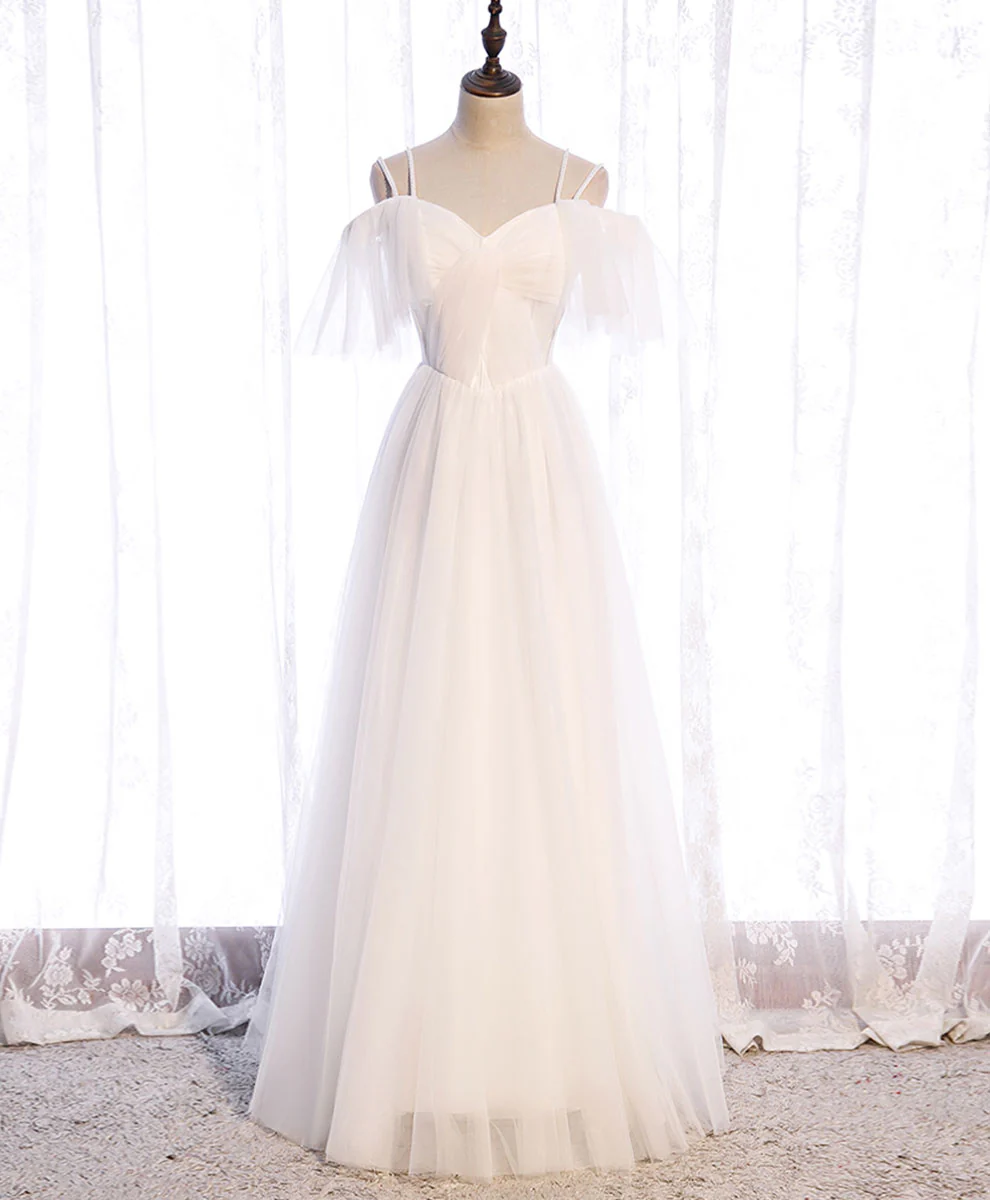 White Sweetheart Tulle Long Prom Dress, White Bridesmaid Dress - Deanwangkt