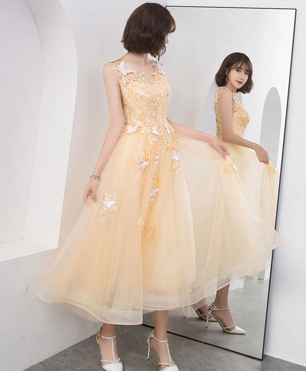 Champagne Lace Tulle Short Prom Dress, Champagne Lace Homecoming Dress - Deanwangkt