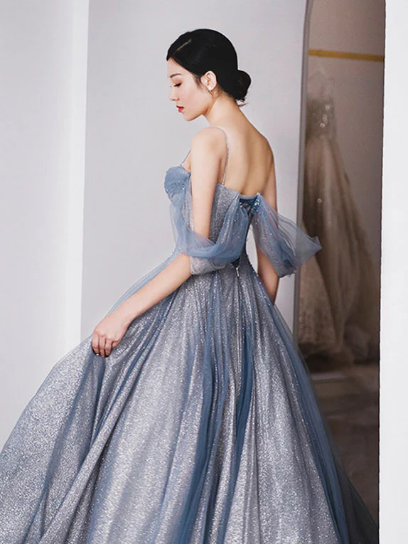 Gray Blue Tulle Tea Length Prom Dress, Blue A line Formal Dresses - Deanwangkt
