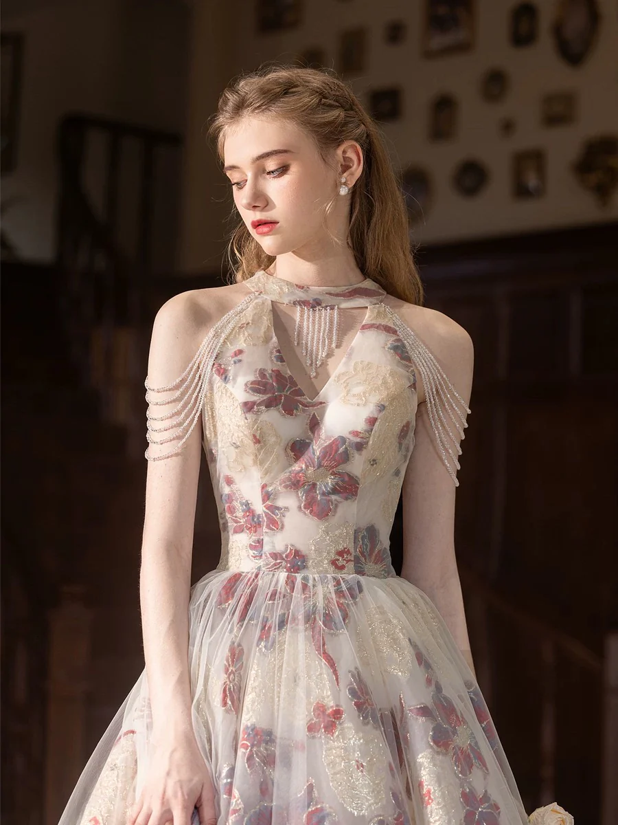 A-Line Tulle Lace Light Champagne Long Prom Dress, Lace Long Evening Dress - Deanwangkt