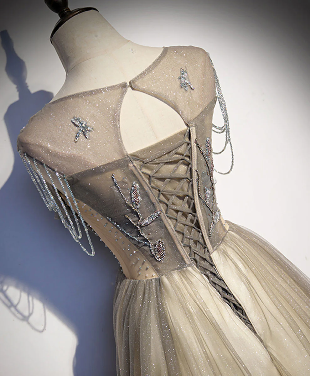 Champagne Round Neck Sequin Long Prom Dress Tulle Formal Dress - Deanwangkt