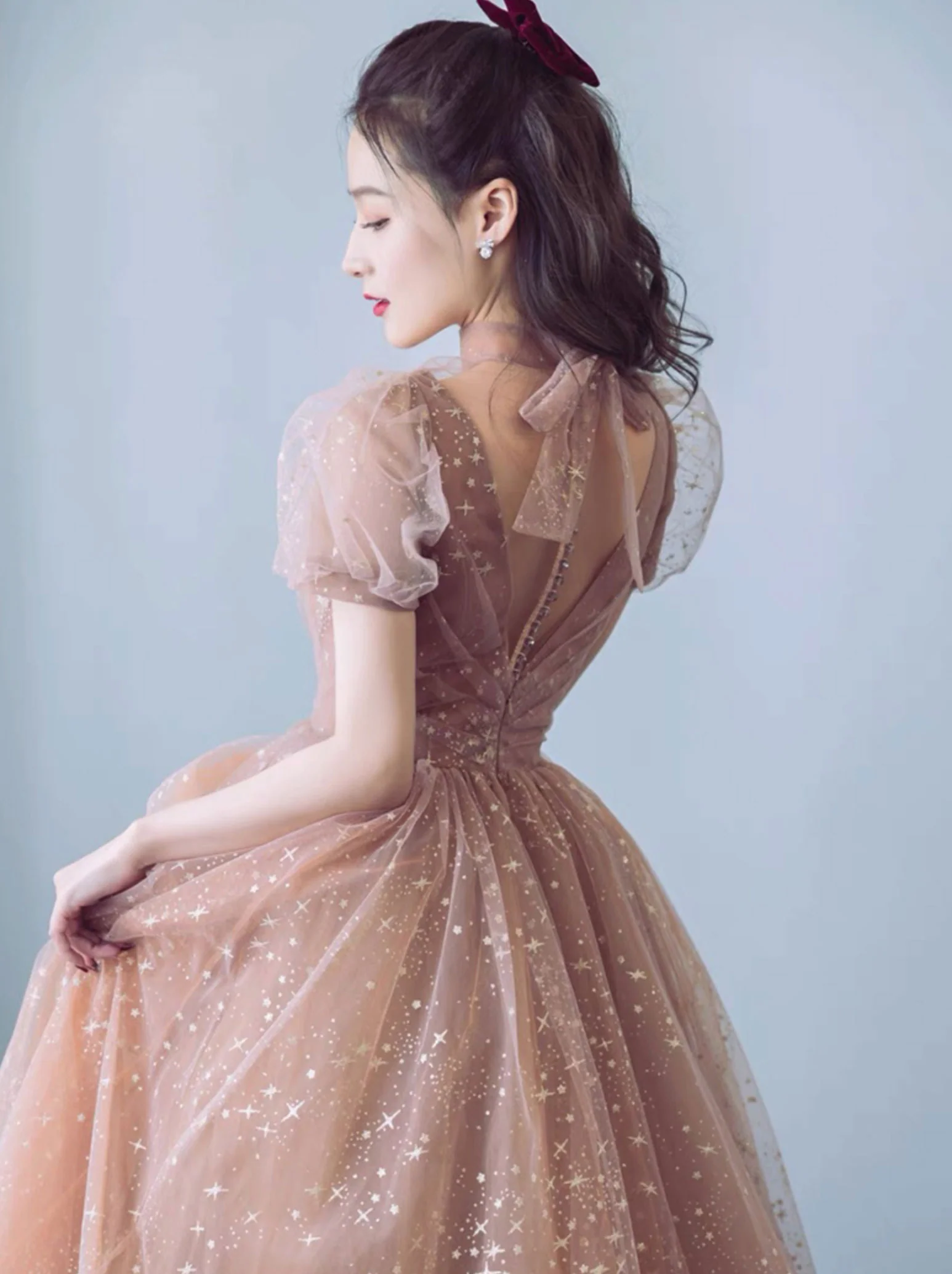 Simple Champagne V Neck Tulle Long Prom Dress, Champagne Evening Dresses - Deanwangkt