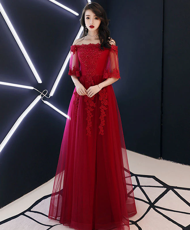 Simple Tulle Lace Long Burgundy Prom Dress, Burgundy Tulle Evening Dress - Deanwangkt