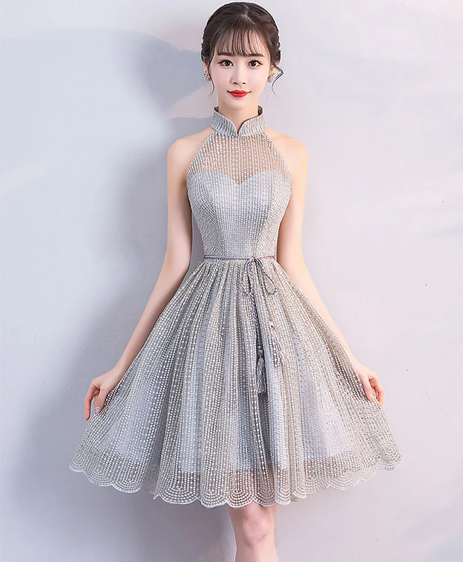Gray High Neck Short Prom Dress, Gray Homecoming Dress - Deanwangkt